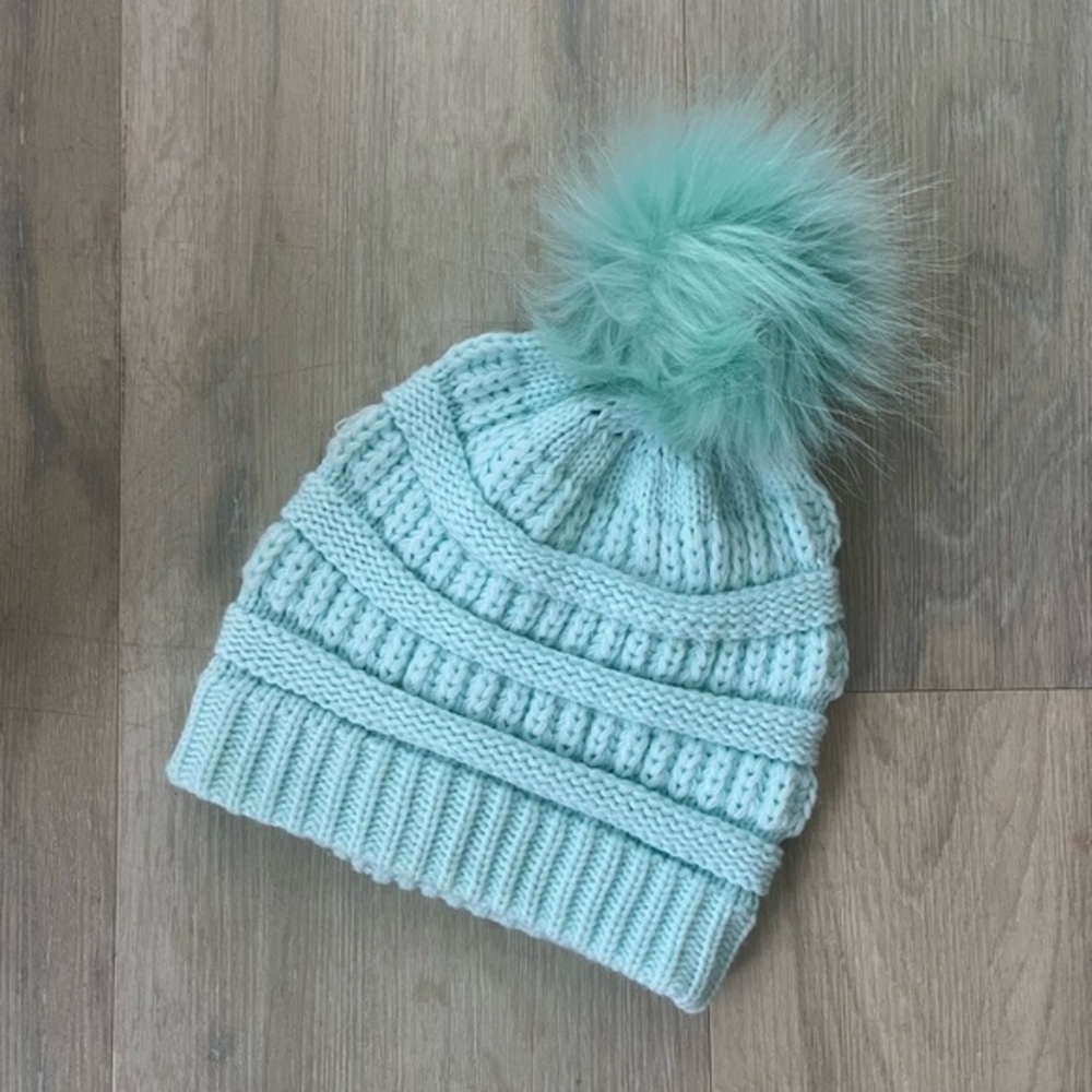 Cozy Mint Green Kids Pom-Pom Beanie